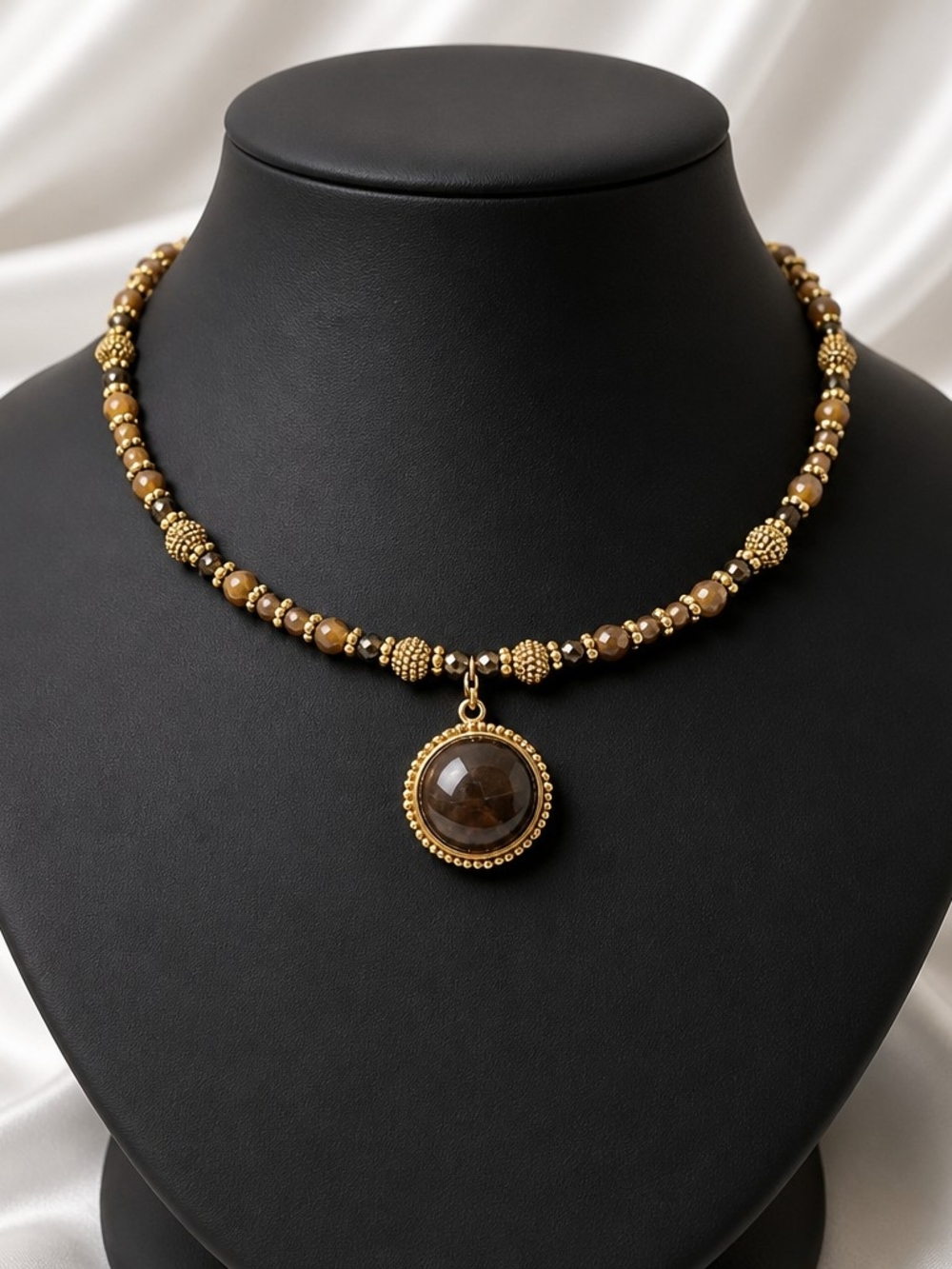 Gold-Accented Brown Bead Pendant Necklace